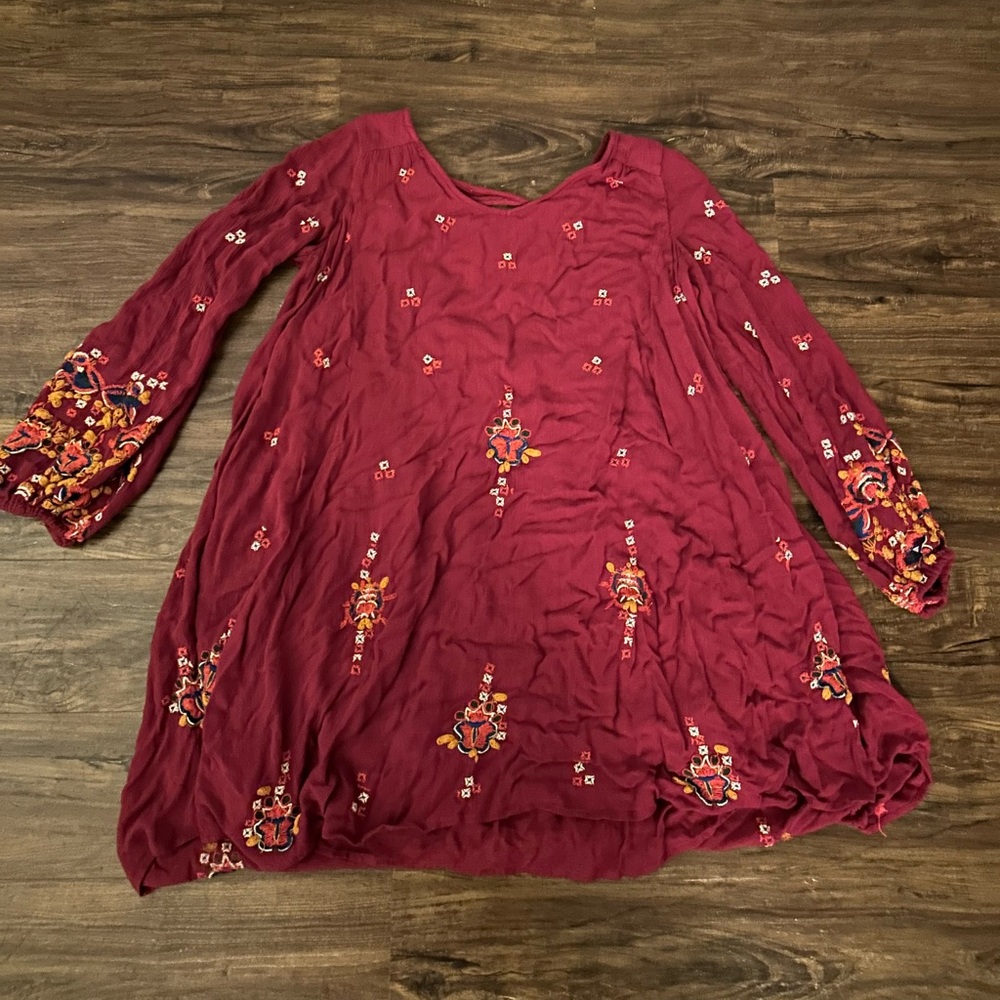 Gently Used - Free People - Size Small - Burgundy Oxford Embroidered Mini Dress